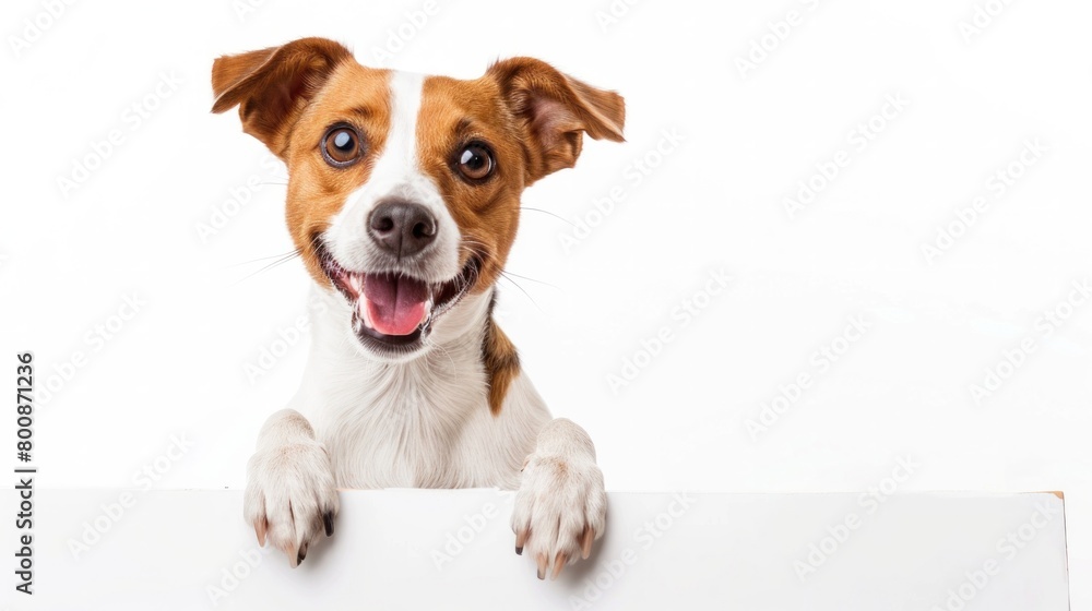 Cute Jack Russell Terrier dog sitting happily and holding a large blank sign. white background