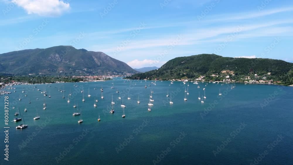 Aerial over Vlicho Bay full of Anchored Sailing Boats, Lefkada, Greece Aerial over Vlicho Bay full of Anchored Sailing Boats, Lefkada, Greece