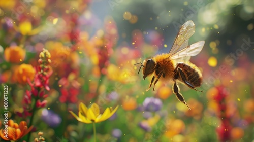 A captivating image of a bee in flight, with delicate wings and a backdrop of a colorful garden, symbolizing the grace and agility of these pollinators on World Bee Day. photo