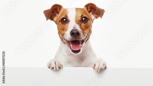 Cute Jack Russell Terrier dog sitting happily and holding a large blank sign. white background