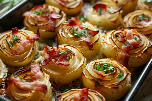 Homemade bacon and potato roses baked in oven tray photo