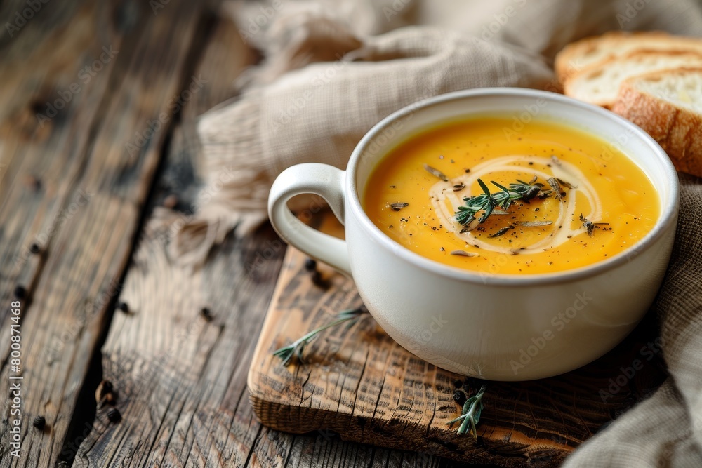 Homemade butternut squash soup in white mug on rustic wooden table Homemade butternut squash soup in white mug on rustic wooden table