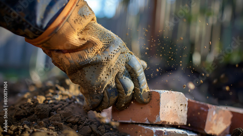Close-up of a construction worker's hands laying bricks with care and precision, with dust particles catching the light.