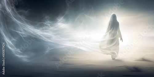 An image of a woman in a white dress with smoke coming out of her mouth 
