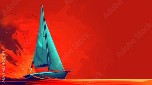 Flat solid color illustration of an aquamarine sailboat on a fiery red background