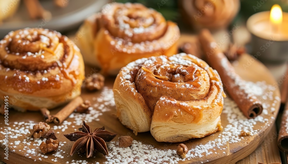 Homemade Cinnamon rolls or buns with focus on selection