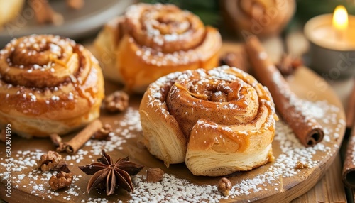 Homemade Cinnamon rolls or buns with focus on selection