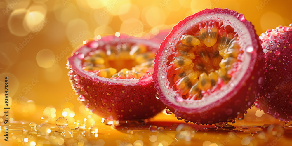Close-up of sliced passion fruits with seeds on a sparkling golden background, conveying freshness and juicy texture.
