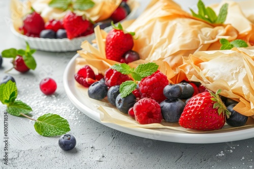 Homemade filo pies with mixed berries and cheese filling topped with mint on white plate Delicious dessert