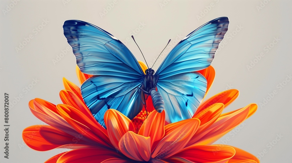 Flat solid color illustration of an azure blue butterfly perched on a vibrant orange flower on a light gray background Flat solid color illustration of an azure blue butterfly perched on a vibrant orange flower on a light gray background