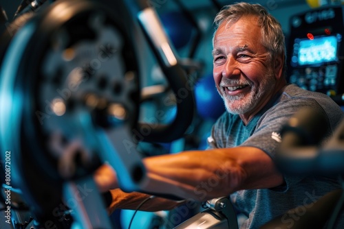 Smiling senior man working out on an indoor bike at gym. Generate AI image