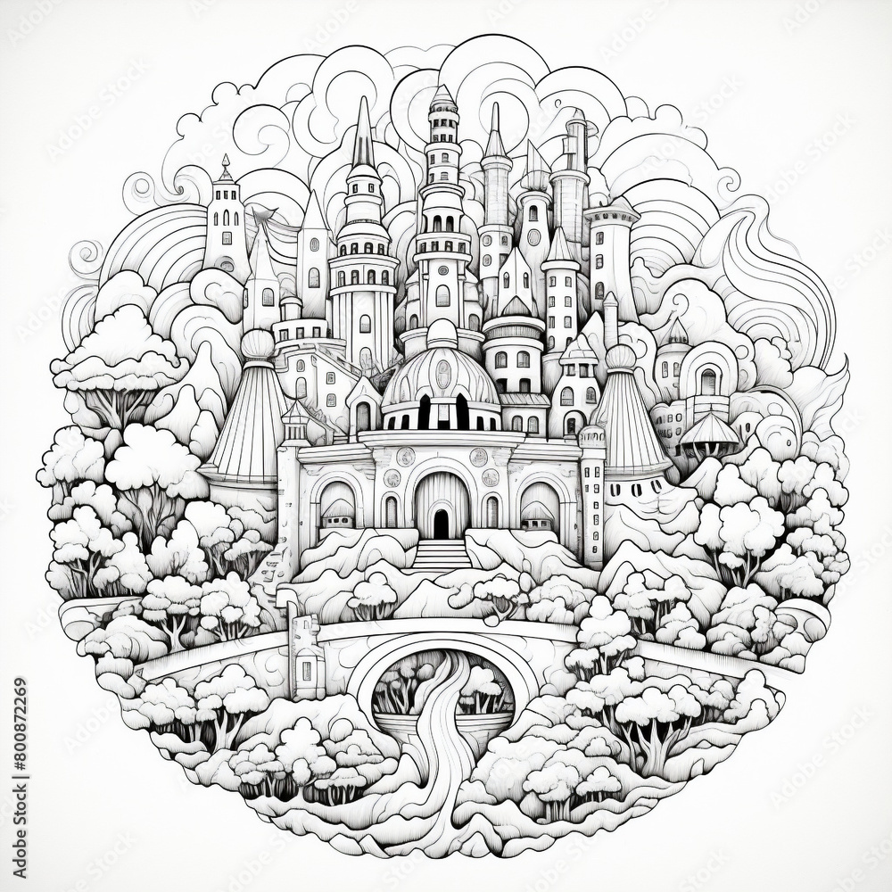 Black and White Illustration of Fairyland Medieval Castle for Coloring. Developing Children Skills for Drawing. Coloring Book, Coloring Page.