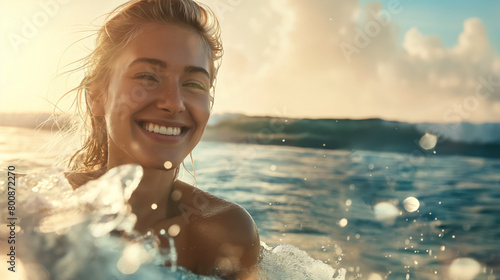 A radiant woman enjoys the ocean, smiling enthusiastically as the sun sets, embodying vitality and serenity