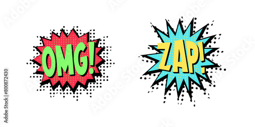 Set comic speech bubbles with text OMG and ZAP. photo