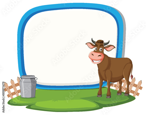 Cartoon cow standing by a milk can and fence
