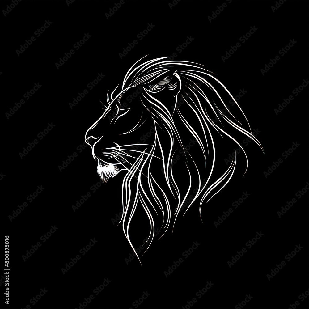 Minimalist art of a powerful lion in profile on a black background