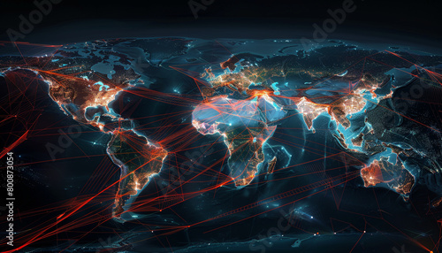 Data visualization of global network traffic, showing active connections across continents in a 7:4 view.