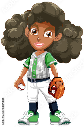 Cartoon of a girl in baseball uniform holding glove.