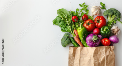 A paper bag full of vegetables and fruits flying in the air on white background  flat lay  wide angle lens