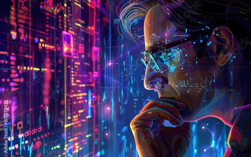 Bright neon colors and digital cyber elements make this cyberpunk portrait striking, excluding blurred face photo