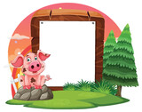 Cute piglet with blank sign in a forest setting.