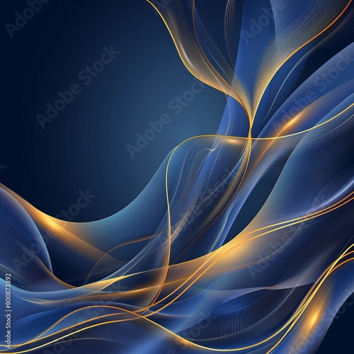 Artistic representation of flowing blue and gold abstract digital waves, suggesting elegance, fluidity, and modern graphic design