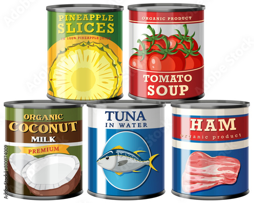 Colorful vector illustration of various canned goods