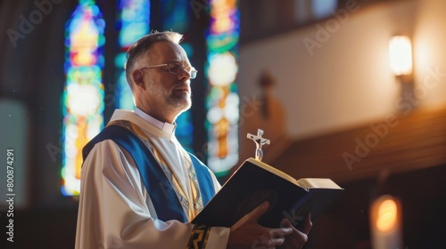 Clergy preaches hope for world peace, Christian church ministry, prayer, references to the Bible, the Gospels, and the teachings of Jesus and the prophets. photo