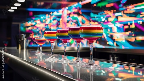 Glasses of cocktails in bar on bright blurred background