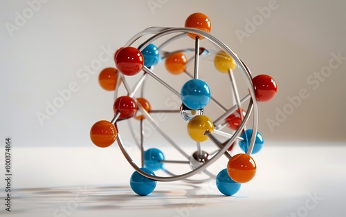 A visual of a spherical molecular structure model with multicolored balls connected by sticks on a white backdrop