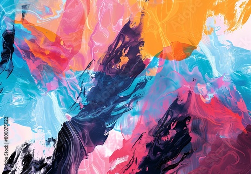 Swirls of pink, blue, orange, and black create an abstract fluid painting with a sense of movement and vibrancy