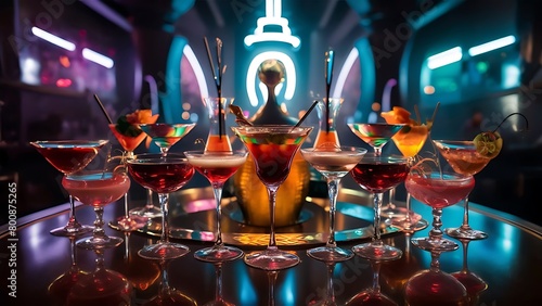 Cocktails drinks on the bar blured background hyper detailed