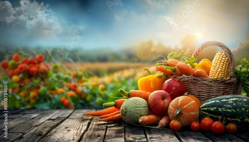 Thansgiving agriculture harvest banner Pumpkins ,corn,yellow sweet pepper,Ripe papaya, ripe mango, cantaloupe on the in a basket put on dark brown wooden floor, with defocused landscape 