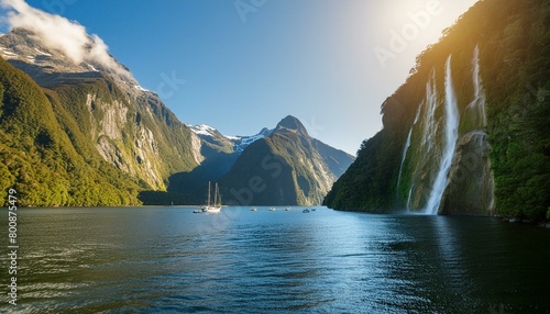 Fiordland National Park in New Zealand, breathtaking fiords, waterfalls, and lush rainforest photo