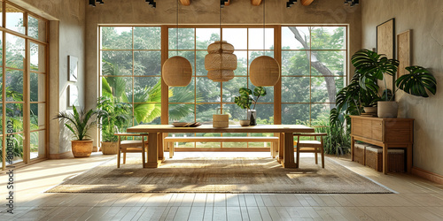 minimalist modern style dining table made from maple placed in a dining room in an American style home in Florida. afternoon sunlight cascades in through large windows. area rug beneath table
