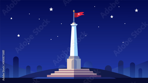 Against the starry night sky the monument shines bright with the nations flag proudly flying high a symbol of freedom and independence.. Vector illustration