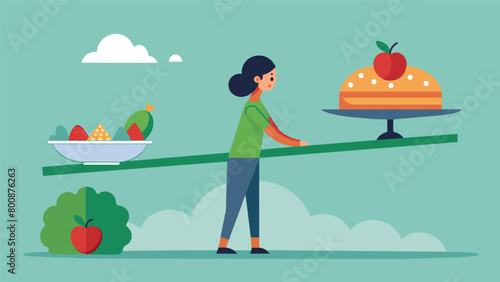A person on a seesaw with a huge cake and a bowl of vegetables symbolizing the temptation to indulge in unhealthy food versus the necessity of a