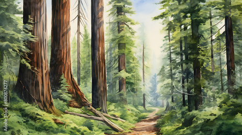 Digital watercolor redwood trees forest landscape abstract graphic poster web page PPT background