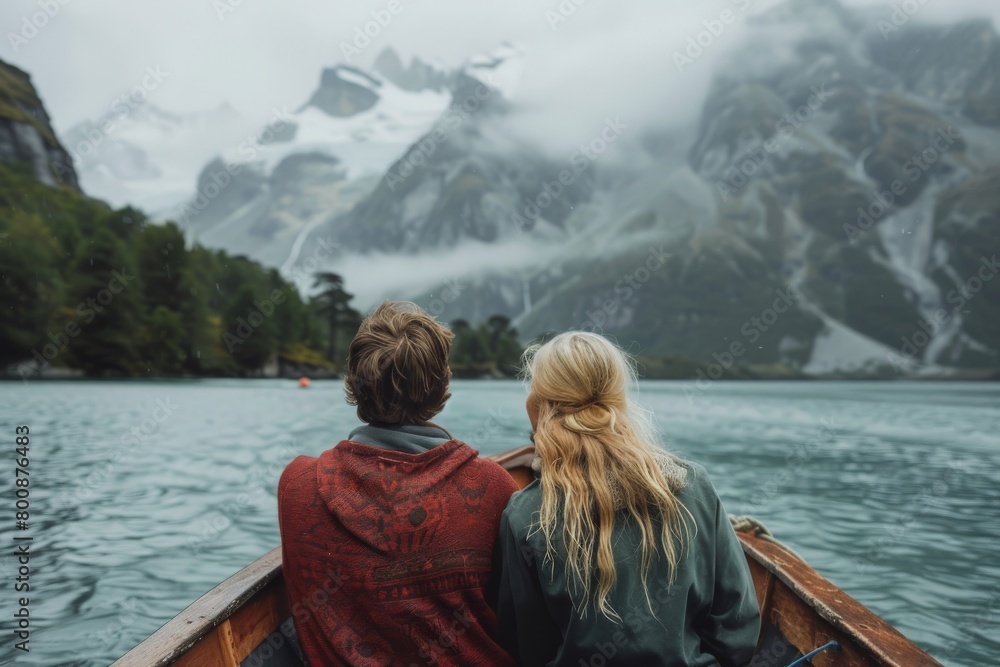 Fototapeta premium The serene and picturesque experience of a couple going on a scenic boat ride.
