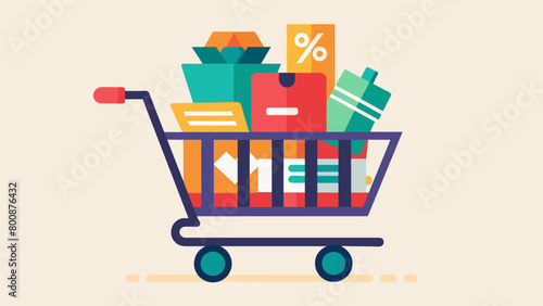 The shopping cart is neatly organized with items that are on sale demonstrating a savvy shopper who knows how to find the best deals.