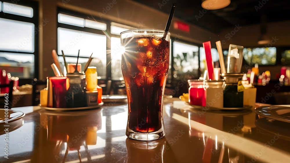 Iced cola glass on table in restaurant sunflare effect processing