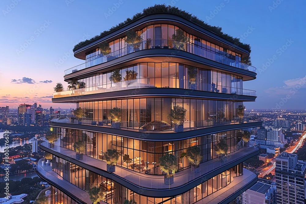 Avant-Garde Biomorphic Skyscraper: Shimmering Glass Facade & Cantilevered Decks