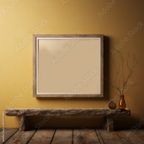 Poster Frame Design Ttemplate for Exhibition or Advertising. Picture Frame Mock Up on Brick Wall. Mockup Poster Frame with Ethnic Decor Close up in Loft Interior. Boho Beige Livingroom with Twigs in a photo