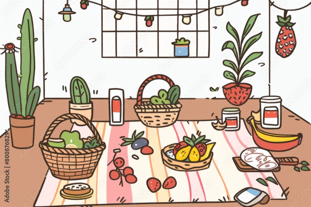 Fototapeta premium Cartoon cute doodles of a home picnic, with a picnic blanket spread out on the floor and a basket filled with sandwiches, fruits, Generative AI