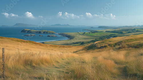 Photograph of the rugged yet picturesque coastlines and rolling hills near D attached in island village. Created with AI © stock