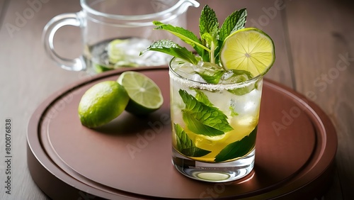 Mojito with mint and lime in a glass and a jug on the round board brown wood background