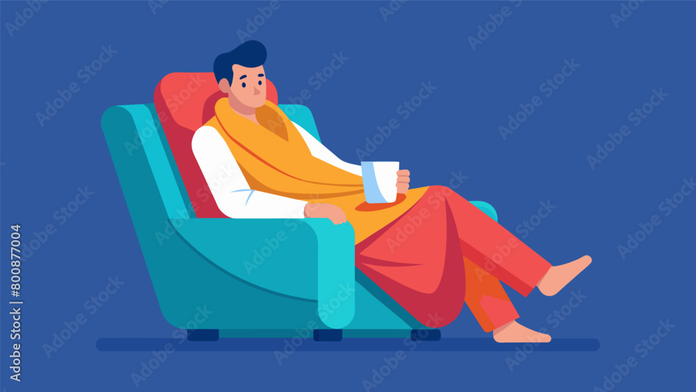 Rest and relaxation are key as a fighter unwinds in a comfortable recliner wrapped in a weighted blanket to soothe sore muscles. Rest and relaxation are key as a fighter unwinds in a comfortable recliner wrapped in a weighted blanket to soothe sore muscles.