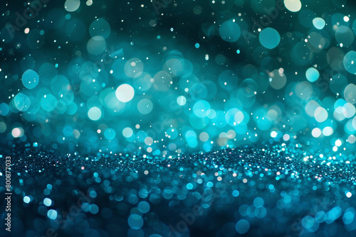 Glowing Turquoise Optical Bokeh Lights, Glitter and Sparkle Dust on Abstract Background, Ultra HD Imagery