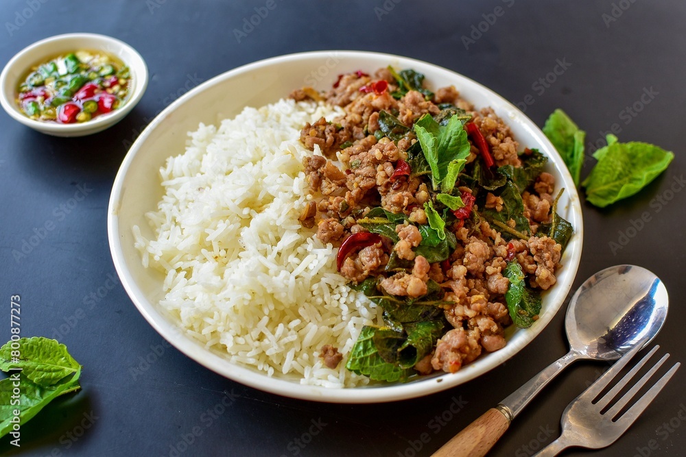 Rice topped with stir fried Thai basil with minced pork , pad ka praow moo sap,Thai food, top view food table Rice topped with stir fried Thai basil with minced pork , pad ka praow moo sap,Thai food, top view food table