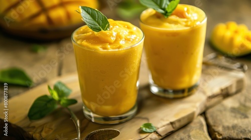mango juice with mango slices isolated on black background
